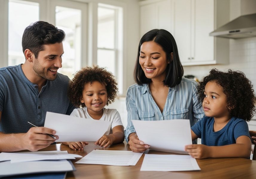 A smiling family of four sitting around a kitchen table, looking at documents together in a bright, modern home.