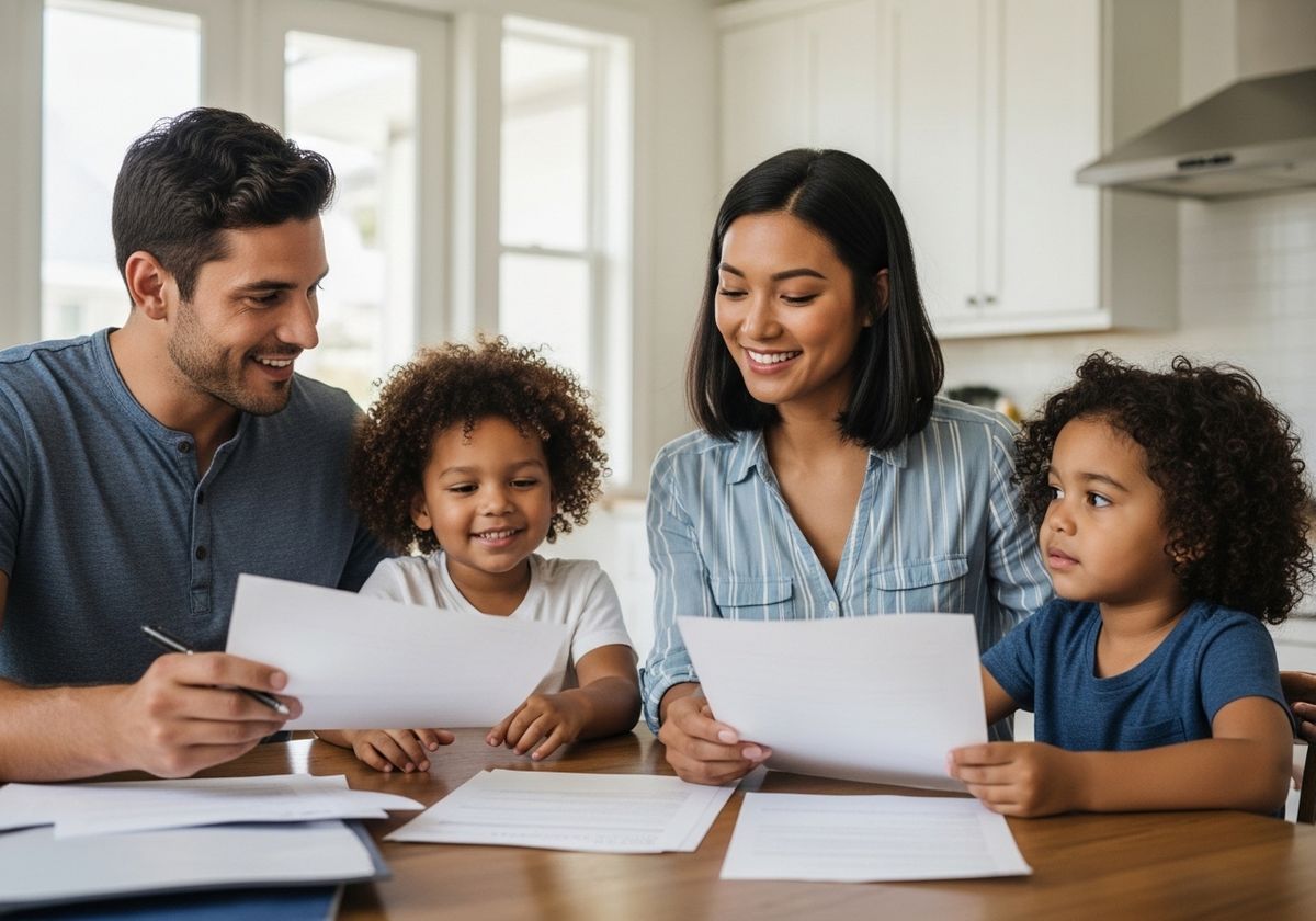 A smiling family of four sitting around a kitchen table, looking at documents together in a bright, modern home.