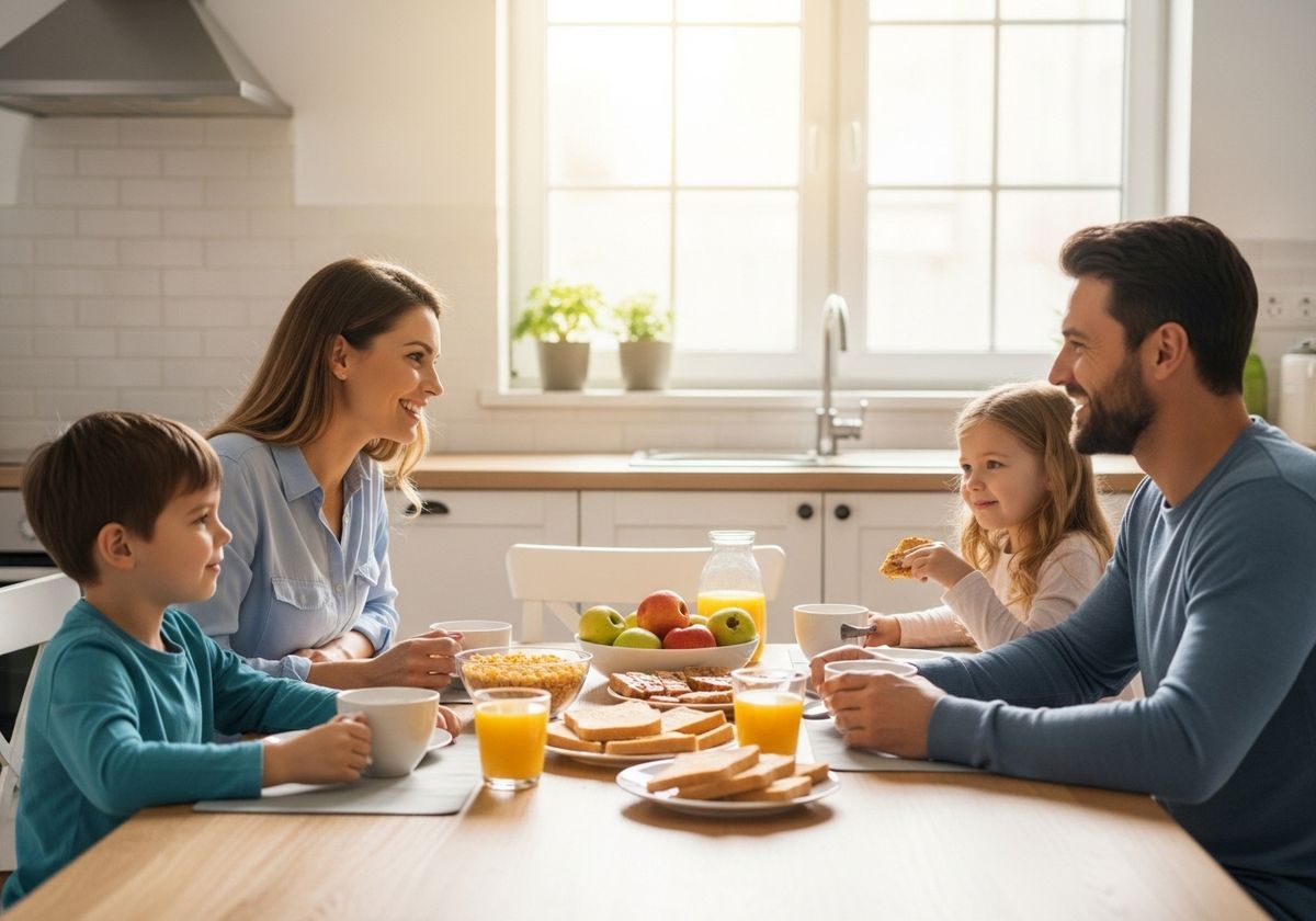 A family of four sitting at a bright kitchen table enjoying breakfast and conversation together.