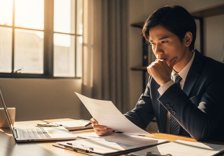 A businessman in a suit sitting at a desk, thoughtfully reviewing a document in a sunlit office.