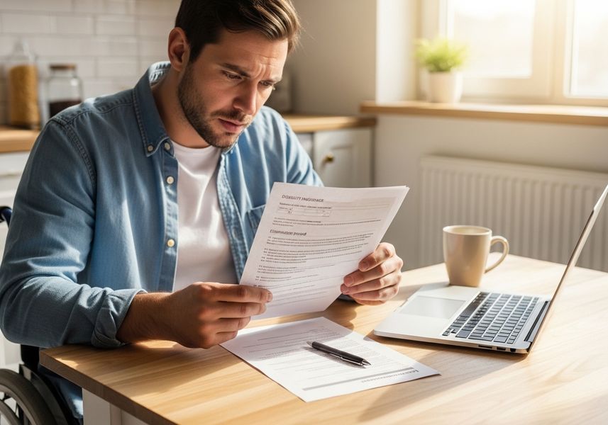 A man in a wheelchair reviewing disability insurance documents at a desk with a laptop.