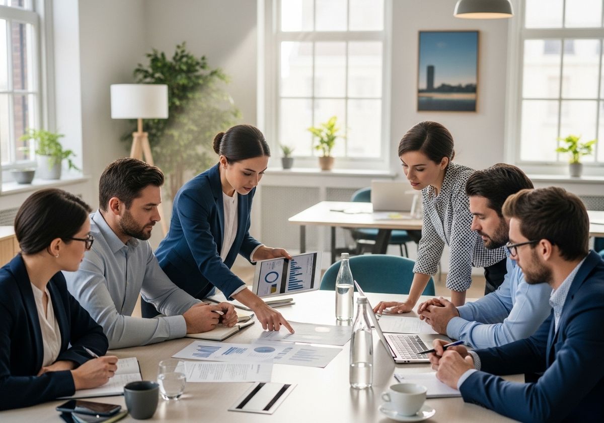 A group of professionals gathered around a table discussing charts and data displayed on a tablet and paper.