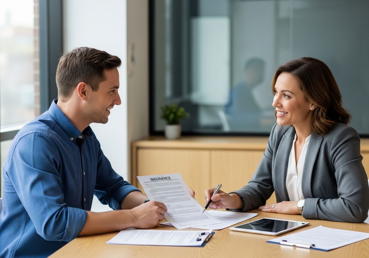A man and a woman sitting across from each other at a desk, discussing an insurance document.