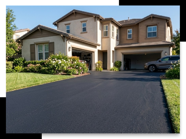 A flawless, newly paved jet-black asphalt driveway beautifully accenting a high-end California home