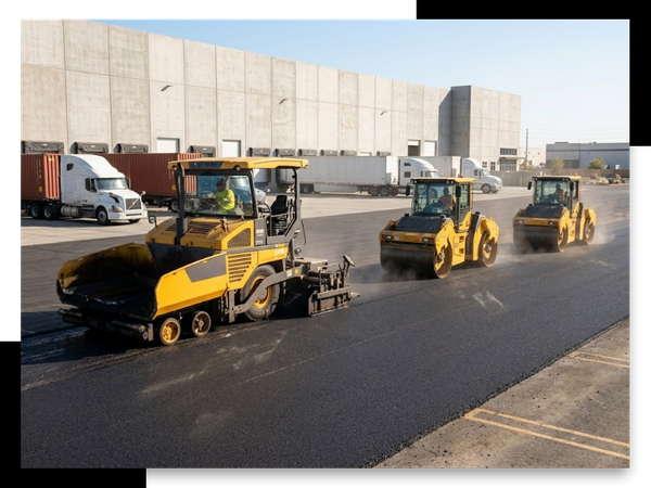 Heavy-duty industrial pavers and asphalt rollers layering a smooth commercial warehouse logistics lot