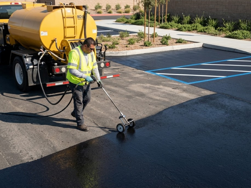 A technician precisely spraying commercial-grade protective seal coating onto a parking lot surface