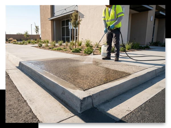 A professional contractor applying deep-penetrating chemical concrete sealer to a commercial sidewalk and curb