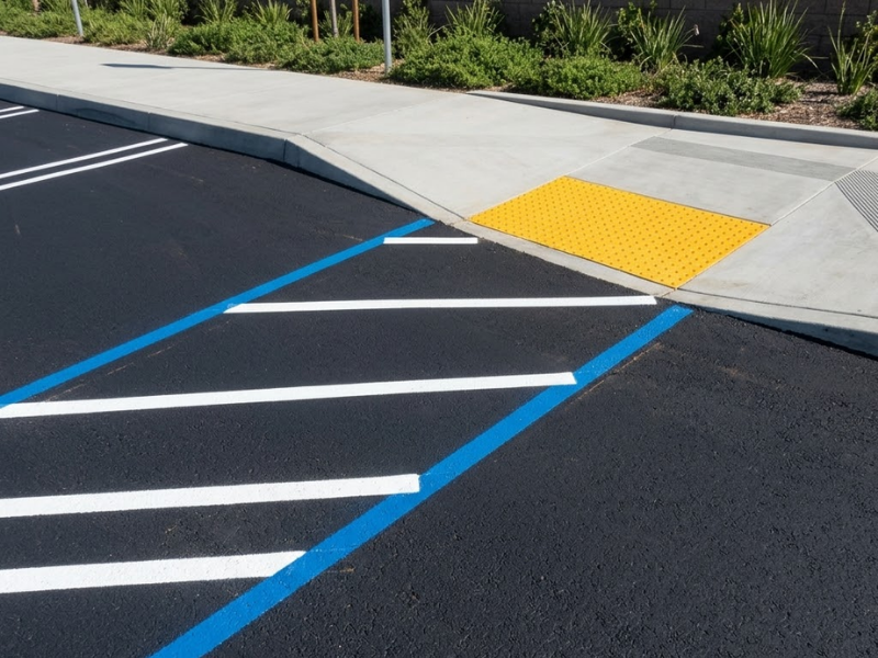 crisp, bright blue and white ADA-compliant parking space markings on freshly laid asphalt
