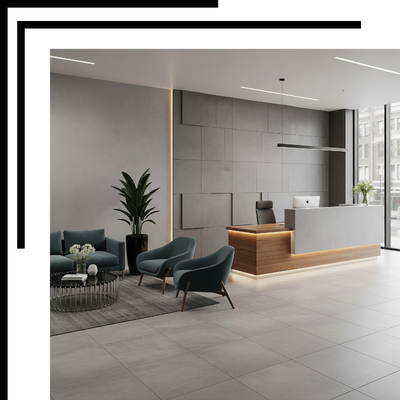 A modern office reception area with a sleek front desk, comfortable seating, and a textured gray wall.