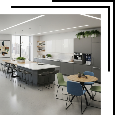 A modern office kitchen and breakroom with a large central island, sleek gray and white cabinets, and various seating options, including high stools and a communal table.