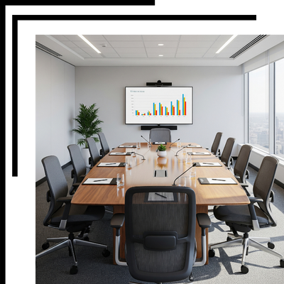 A modern conference room with a long wooden table, ergonomic chairs, and a large flat-screen monitor for presentations, all well-lit by a large window.