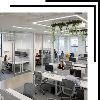 A modern office space featuring a combination of private offices with glass walls and an open-plan area with communal desks and green plants.