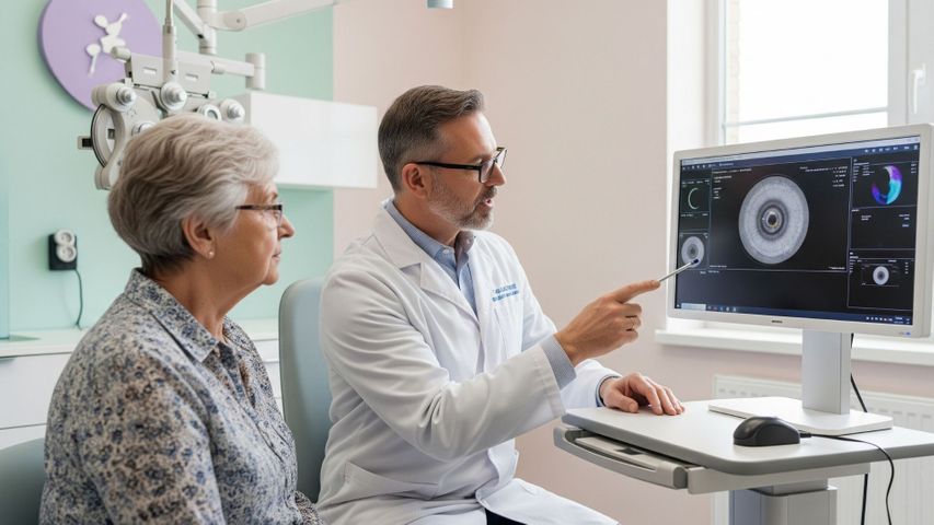 optometrist carefully explaining an eye scan 