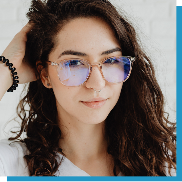 young woman with stylish large frame glasses
