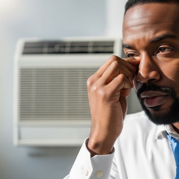 A man rubbing his eye in an office with air conditioning vents