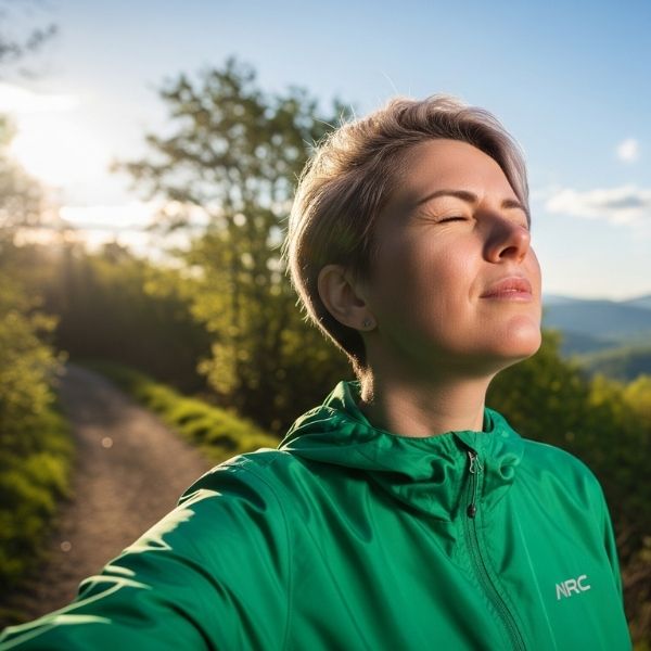 Person outdoors on a sunny day, squinting at the sk