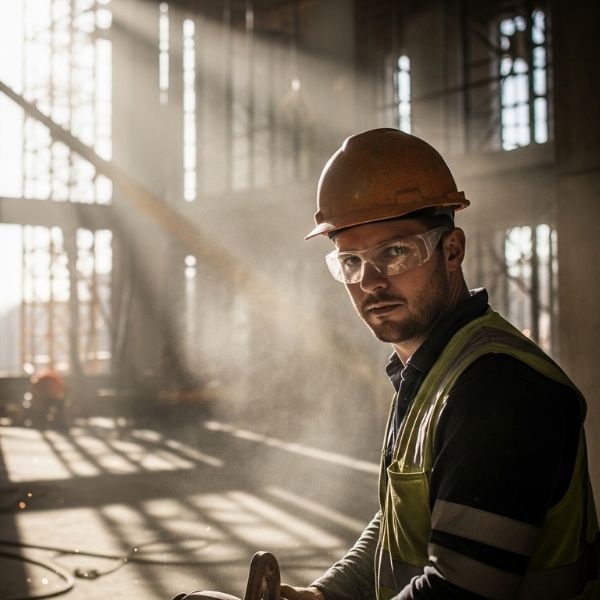 Construction worker wearing wraparound safety glasses on a busy job site with flying sparks and dust in the air