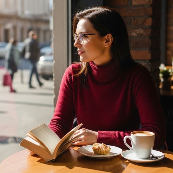 Person wearing new glasses with a thoughtful expression, sitting at a café