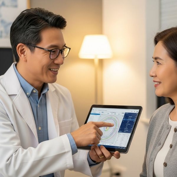 eye doctor pointing to a tablet showing eye health data eye doctor pointing to a tablet showing eye health data