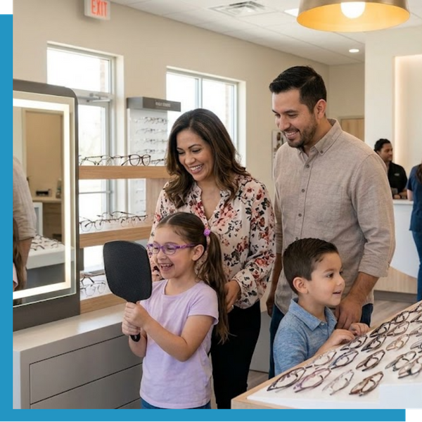 family shopping for new glasses with little girl smiling in mirror 