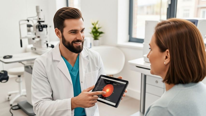 optometrist discussing a positive retinal scan 