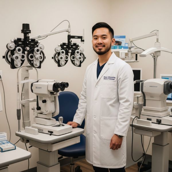 optometrist in a fully equipped examination room optometrist in a fully equipped examination room