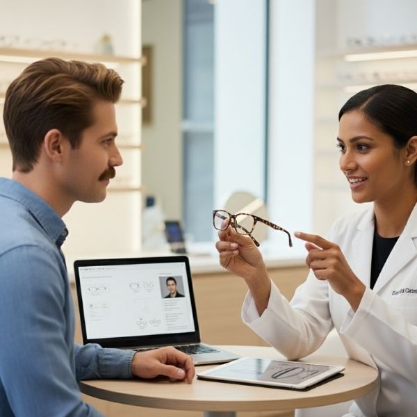 Showing patient new glasses Showing patient new glasses