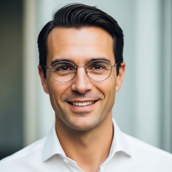 individual with a square jawline smiling, wearing a pair of elegant, thin-rimmed oval glasses individual with a square jawline smiling, wearing a pair of elegant, thin-rimmed oval glasses