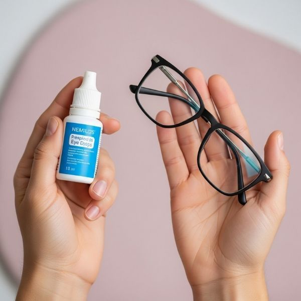 hands holding both a bottle of prescribed eye drops and a stylish pair of prescription eyeglasses hands holding both a bottle of prescribed eye drops and a stylish pair of prescription eyeglasses