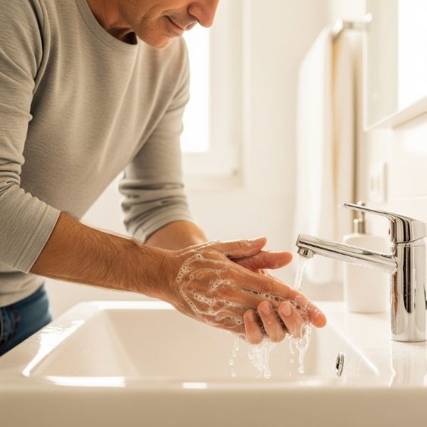 person carefully washing their hands with soap and water person carefully washing their hands with soap and water