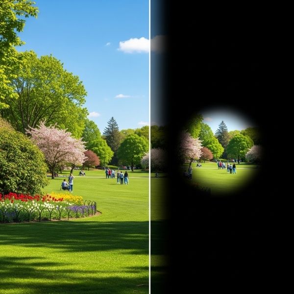 Side-by-side comparison of healthy vision versus narrowed tunnel vision caused by glaucoma