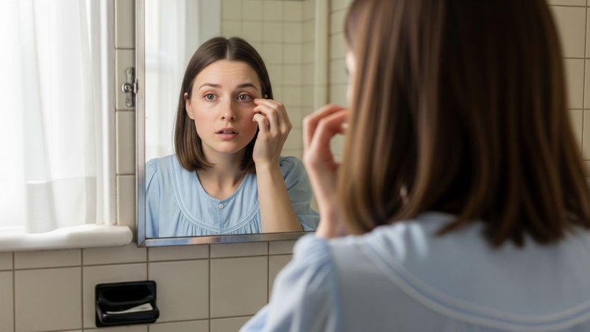 person with a concerned expression looking at their red and irritated eye 