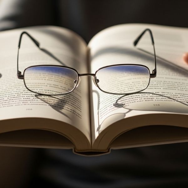 Glasses resting on an open book