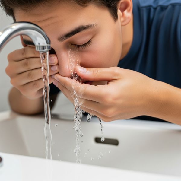 person carefully flushing their eye person carefully flushing their eye