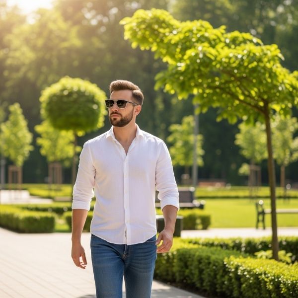 man wearing modern, protective sunglasses man wearing modern, protective sunglasses