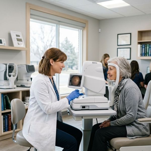 Optometrist performing advanced retinal imaging for early AMD detection.