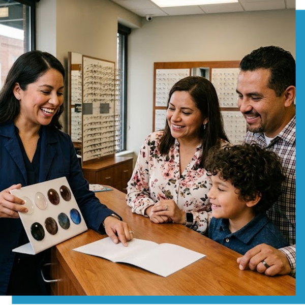 optician happily explaining lens coating options to a Spanish-speaking family