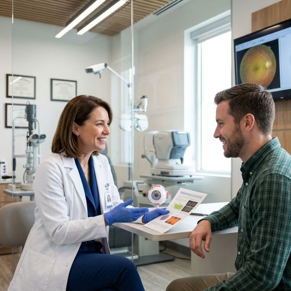 optometrist and patient talking