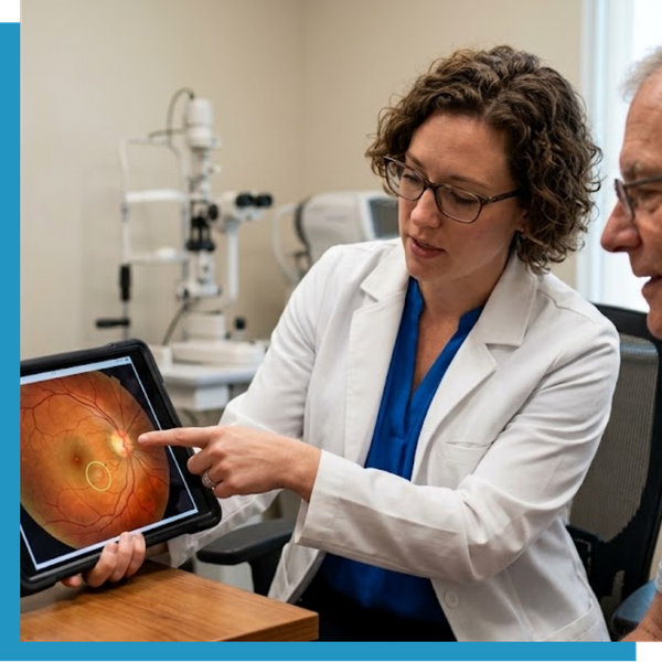 eye doctor pointing to a detailed, high-resolution retinal photograph 