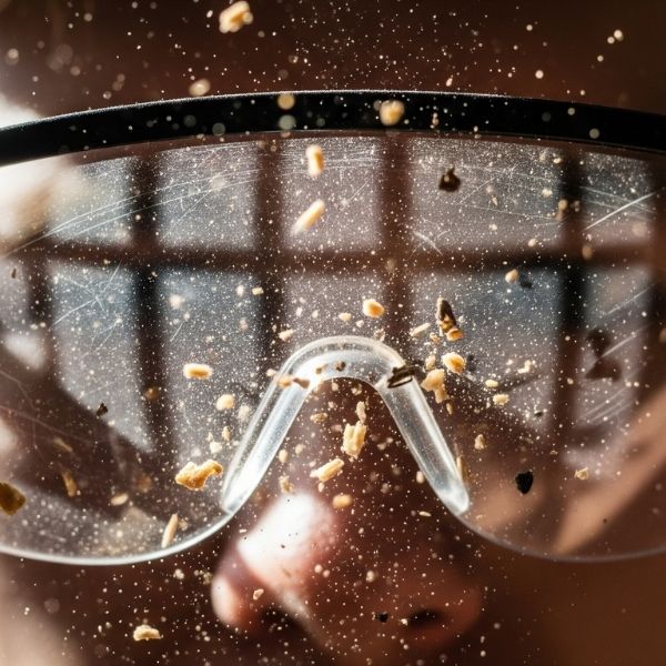 debris bouncing harmlessly off safety glasses