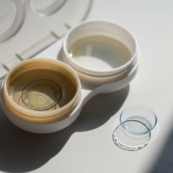 contact lens case with lenses that look dirty and cloudy compared to a fresh, clean lens beside it