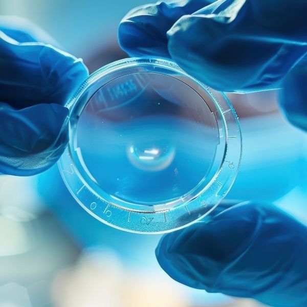 Surgeon's gloved hands delicately holding a high-quality intraocular lens (iol) in preparation for implantation, set against a sterile background. the scene emphasizes precision, medical expertise, and the clinical environment necessary for eye surgeries