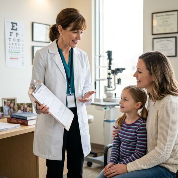 mom and daughter in eye clinic