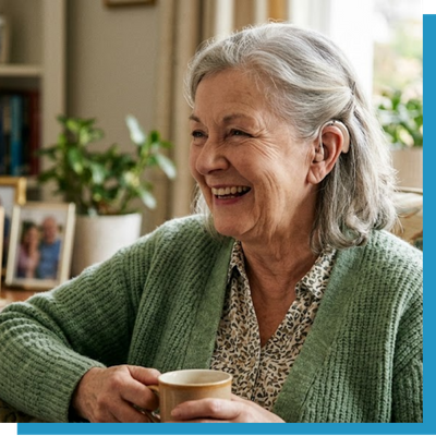 woman laughing enjoying conversation with hearing aids