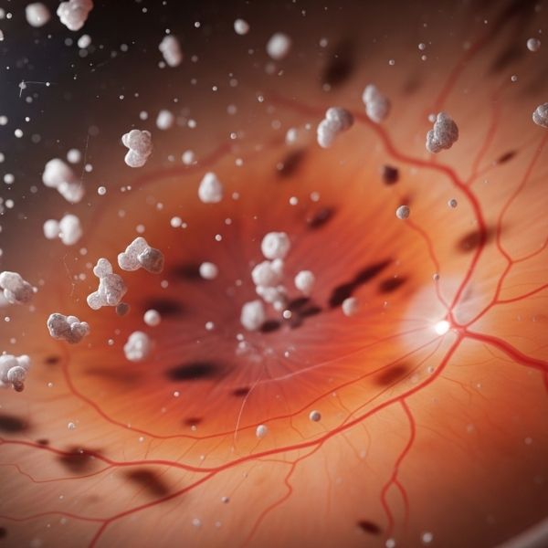 human eye interior showing the vitreous gel, with tiny protein clumps casting shadows on the retina