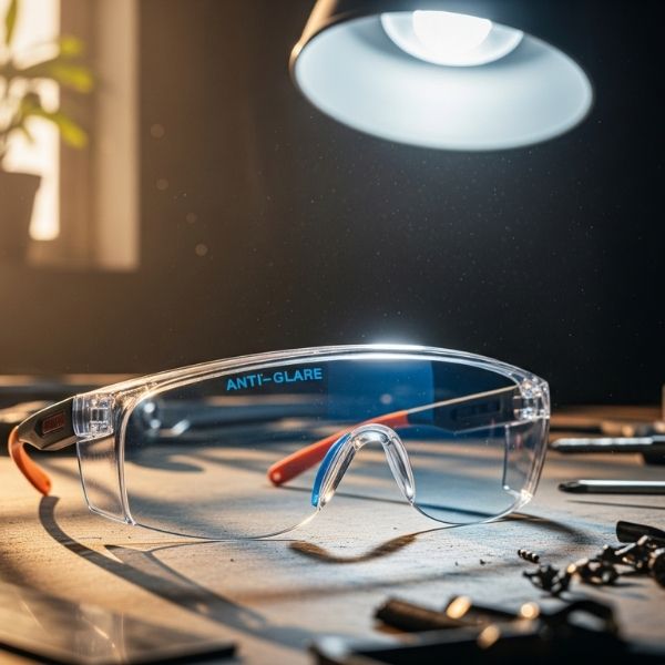 Safety glasses on a workbench under bright industrial lights