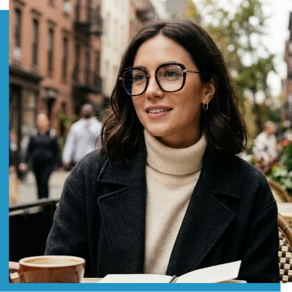 Woman wearing black-framed glasses outdoors