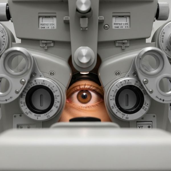 close-up view of a patient's eye positioned in a modern phoropter close-up view of a patient's eye positioned in a modern phoropter