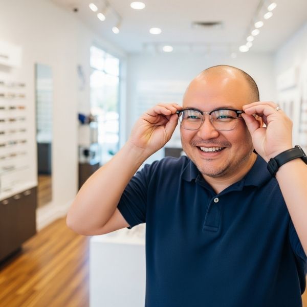person with a round face happily trying on a pair of sharp, rectangular eyeglasses person with a round face happily trying on a pair of sharp, rectangular eyeglasses