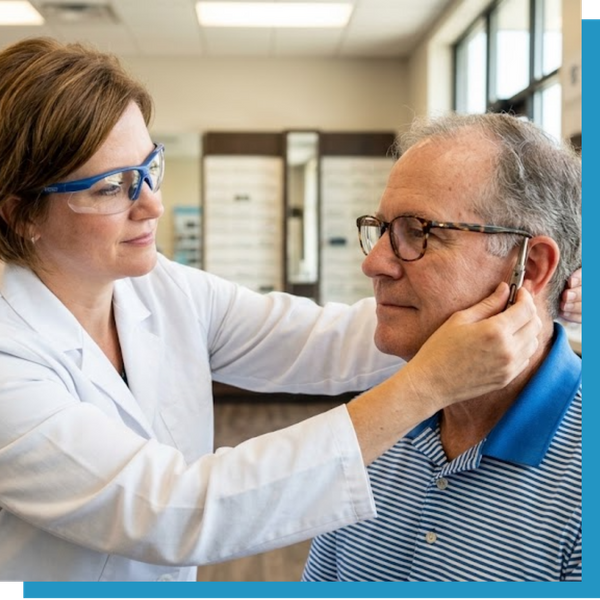 fitting glasses behind patient ear 
